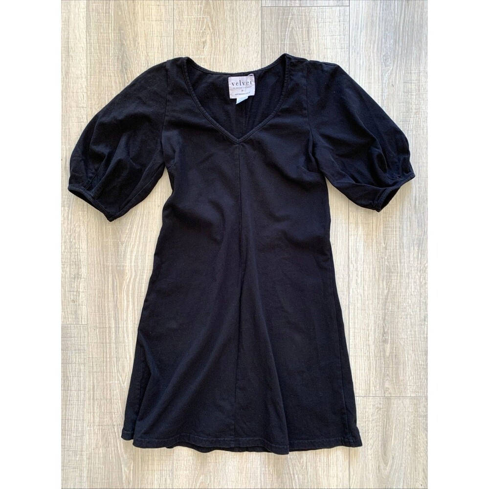 Velvet By Graham & Spencer Anthropologie Black Dress Puff Sleeve Cotton XS